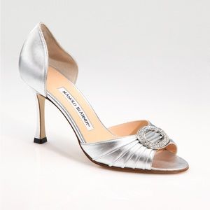 👑AUTHENTIC MANOLO BLAHNIK D’ORSAY SILVER PEEP TOE HEEL 👑